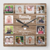 Familie ist alles 12 Foto Collage rustikales Holz Quadratische Wanduhr (Vorderseite)