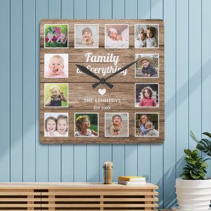 Familie ist alles 12 Foto Collage rustikales Holz Quadratische Wanduhr