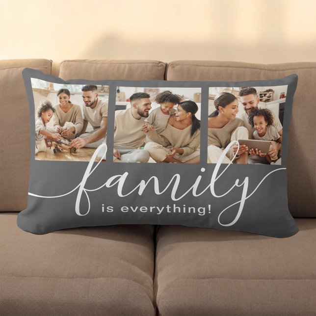 Familie ist alles 3 Foto Collage Grau Lendenkissen (Personalize with 3 favorite family photos.)