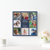 Familie ist alles 8 Foto Collage Name Blau Quadratische Wanduhr (Zuhause)