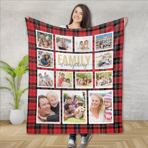 Familie ist alles rote schwarze Karo-Fotocollage Fleecedecke