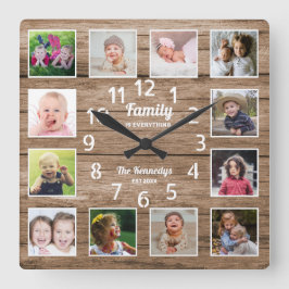 Familie ist alles Zitat Foto Collage Barn Wood Quadratische Wanduhr