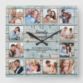 Familie ist alles Zitat Foto Collage blau Quadratische Wanduhr (Vorderseite)