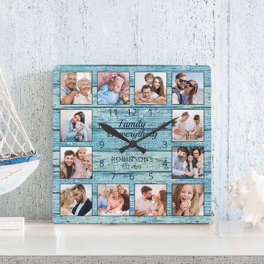 Familie ist alles Zitat Foto Collage blau Quadratische Wanduhr