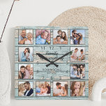 Familie ist alles Zitat Foto Collage blau Quadratische Wanduhr<br><div class="desc">Kreieren Sie einfach Ihre eigene personalisierte, blaue, rustikale Trittholzplanken im Stil eines Seehauses mit Wanduhr mit Ihren individuellen Fotos. Das Design enthält auch ein schönes, handgeschriebenes Skriptangebot: "Familie ist alles". Um die besten Ergebnisse zu erzielen, schneiden Sie die Bilder vor dem Hochladen auf Quadrat - mit dem Fokuspunkt in der...</div>