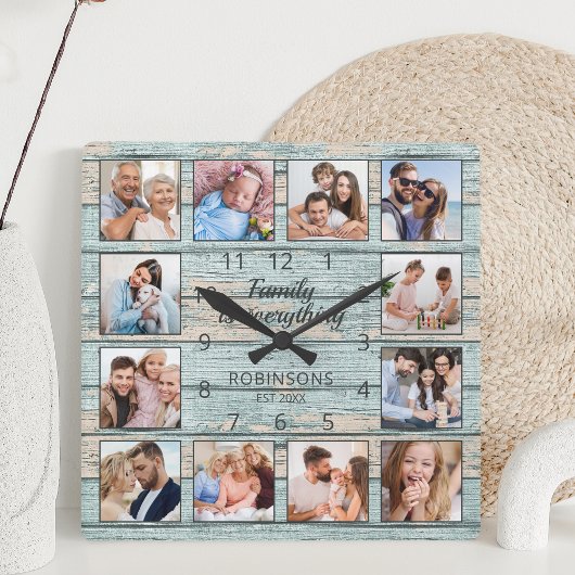 Familie ist alles Zitat Foto Collage blau Quadratische Wanduhr