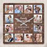 Familie ist alles Zitat Foto Collage rustikal Quadratische Wanduhr<br><div class="desc">Erstellen Sie einfach Ihre eigene personalisierte,  rustikale Holzputz-Wand-Uhr im Bauernstil mit Ihren individuellen Fotos. Das Design enthält auch ein schönes,  handgeschriebenes Skriptziffer: "Familie ist alles". Um die besten Ergebnisse zu erzielen,  schneiden Sie die Bilder vor dem Hochladen auf Quadrat - mit dem Fokuspunkt in der Mitte.</div>