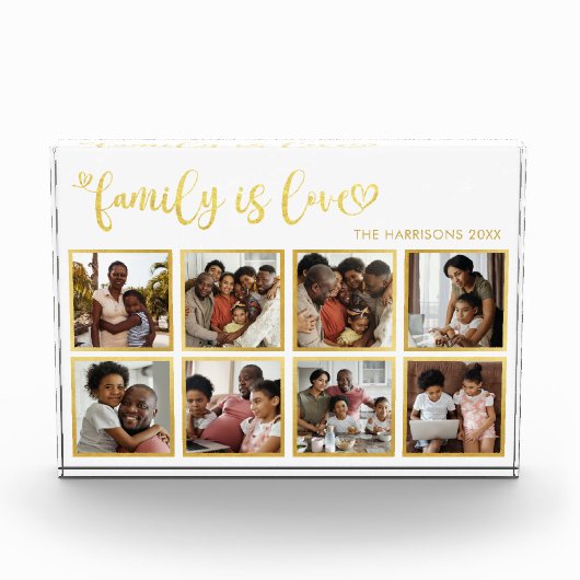 Familie ist Liebe Gold Heart Script Foto Collage (Vorderseite)