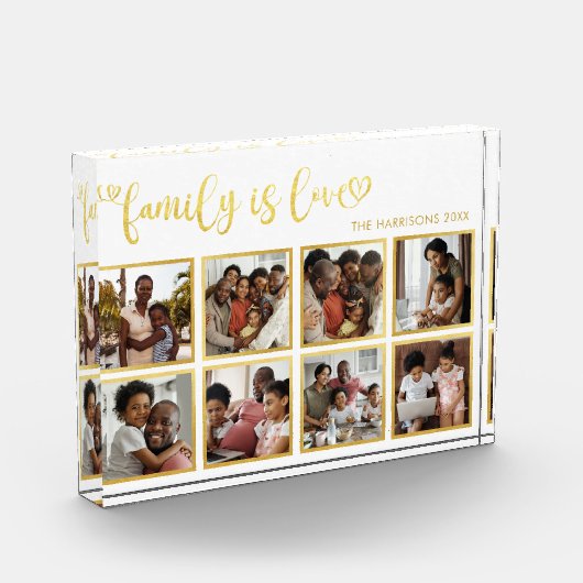 Familie ist Liebe Gold Heart Script Foto Collage (Links)