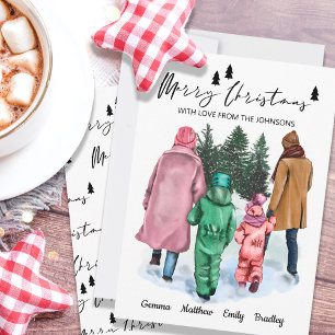 Familie mit 4 Namen und Wasserfarben-Illustration Feiertagskarte