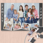 Familie mit bearbeitbarem Jahr ZigZag Foto Collage Puzzle<br><div class="desc">Erstellen Sie Ihr eigenes Foto-Puzzle und fügen Sie das Jahr hinzu. Die Bildvorlage ist für Sie bereit, fünf Foto hinzuzufügen, das Set ist fertig. Das Foto wird als Hintergrund verwendet und die restlichen 4 Foto werden in einem Zickzack-Foto entlang des Untergrundes angeordnet. Dieses Design hat einen kohlegrauen Hintergrund mit weißer...</div>