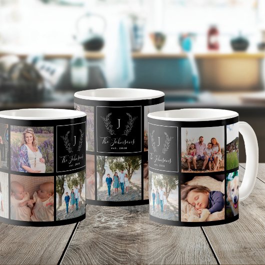 Familie MultiFoto Schwarzweiß mit Monogramm Kaffeetasse