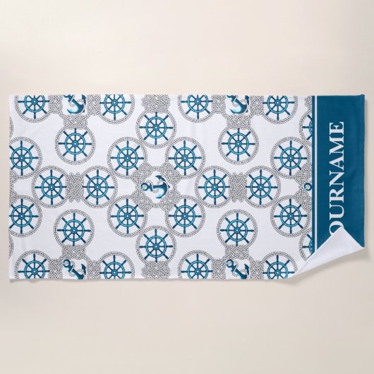 Familie oder Bootsname Navy Anchor Rope Nautic Strandtuch (Vorderseite)