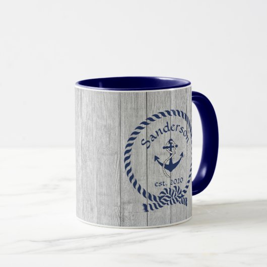 Familie oder Bootsname Navy Anchor Rope Nautic Tasse (VorderseiteRechts)