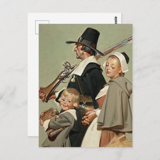 Familie Pilgrim. Vintag Art Erntedank Postkarte (Vorne/Hinten)