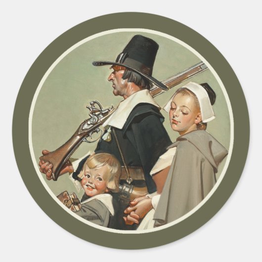 Familie Pilgrim. Vintag Art Erntedank Runder Aufkleber (Vorderseite)
