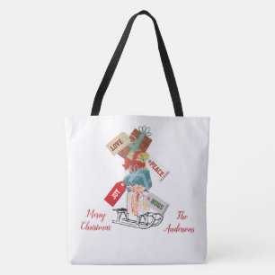 Familie Rot Weiß Winter Schlitten Frohe Weihnachte Tasche