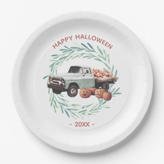 Familie Rustic Wreath Halloween Pumpkin Truck Pappteller (Vorderseite)