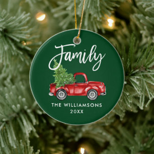 Familie Schriftzug Vintage roter LKW Grün Keramik Ornament