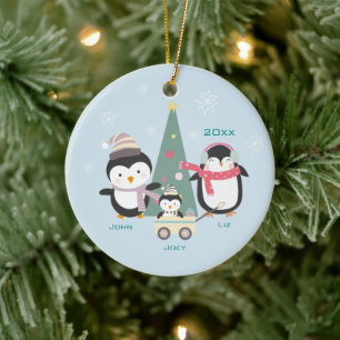 Familie von 3 Pinguinen und Weihnachtsbaum Keramik Ornament
