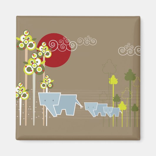 Familie Whimsical Elephant in Wald & Rote Sonne Magnet (Vorne)