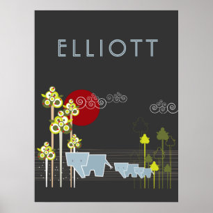 Familie Whimsical Elephant in Wald & Rote Sonne Poster