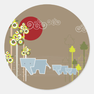 Familie Whimsical Elephant in Wald & Rote Sonne Runder Aufkleber