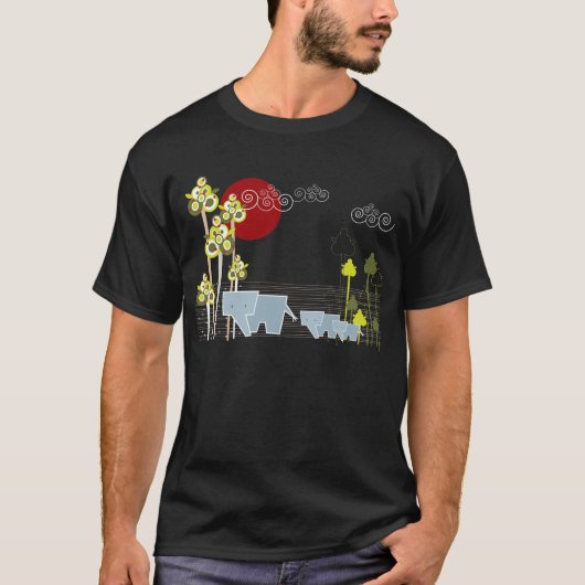 Familie Whimsical Elephant in Wald & Rote Sonne T-Shirt (Vorderseite)