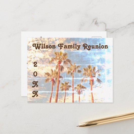 Familie Wiedersehen Palm Bäume verblasste Foto Sti Postkarte (Vorderseite/Rückseite Beispiel)