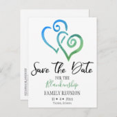 Familie Wiedersehen Save the Date blaue grüne Herz Ankündigungspostkarte (Vorne/Hinten)
