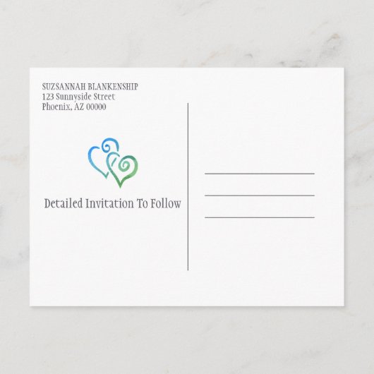 Familie Wiedersehen Save the Date blaue grüne Herz Ankündigungspostkarte (Rückseite)