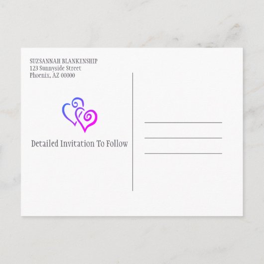 Familie Wiedersehen Save the Date Blue Pink Hearts Ankündigungspostkarte (Rückseite)