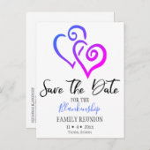 Familie Wiedersehen Save the Date Blue Pink Hearts Ankündigungspostkarte (Vorne/Hinten)