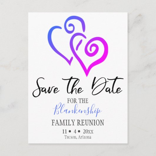 Familie Wiedersehen Save the Date Blue Pink Hearts Ankündigungspostkarte (Vorderseite)