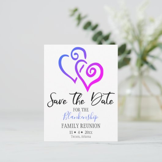 Familie Wiedersehen Save the Date Blue Pink Hearts Ankündigungspostkarte (Stehend Vorderseite)