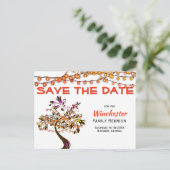 Familie Wiedersehen Save the Date Orange Lights Tr Ankündigungspostkarte (Stehend Vorderseite)