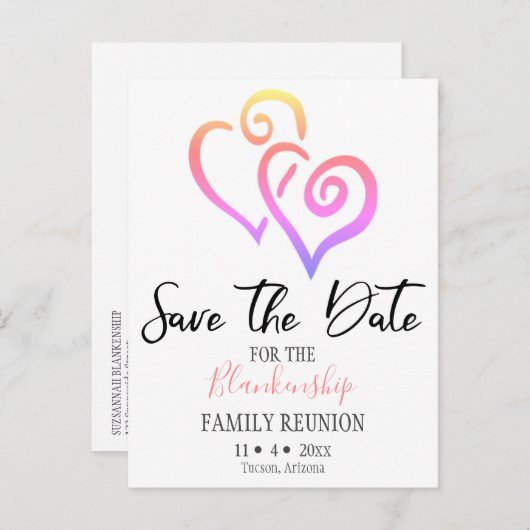 Familie Wiedersehen Save the Date Rainbow Linked H Ankündigungspostkarte (Vorne/Hinten)
