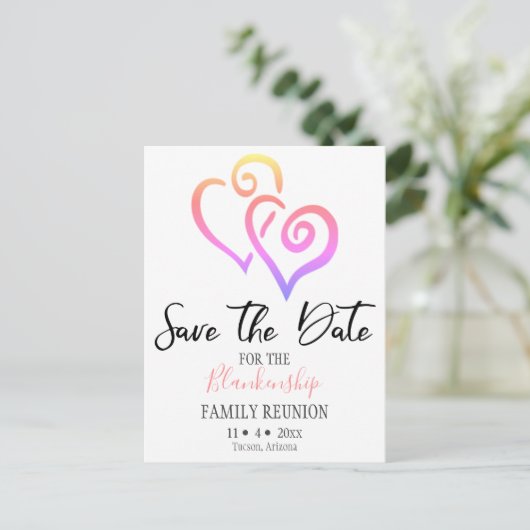 Familie Wiedersehen Save the Date Rainbow Linked H Ankündigungspostkarte (Stehend Vorderseite)