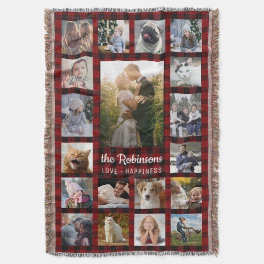 Familien-Foto-Collage 19 + Roter Namensbüffel Decke (Vorderseite Vertikal)