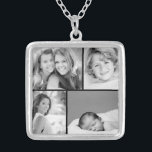 Familien-Foto-Collage Versilberte Kette<br><div class="desc">Schöne personalisierte Halskette mit 4 Ihrer kundenspezifischen Familien-Fotos vereinbarte in einer quadratischen Gitter-Fotocollage. Addieren Sie Ihre Lieblingsfamilien-Fotos und stellen Sie einen schönen Andenken-Leinwand-Kunstdruck her. Klicken fertigt ihn zu den Bewegungs-Fotos herum besonders an,  addiert Text und fertigt Schriftart und Farben besonders an. Großes Geschenk für Familie,  Freunde,  Eltern und Großeltern!</div>