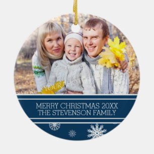 Familien-Foto-Weihnachtsverzierungs-Blau-Schnee Keramikornament