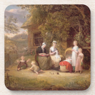 Familien-Gruppe vor einer Thatched Hütte (Öl kan Untersetzer