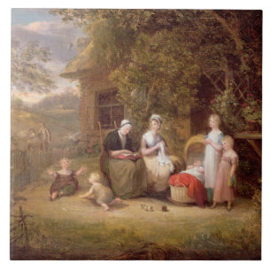 Familien-Gruppe vor einer Thatched Hütte (Öl kann Fliese