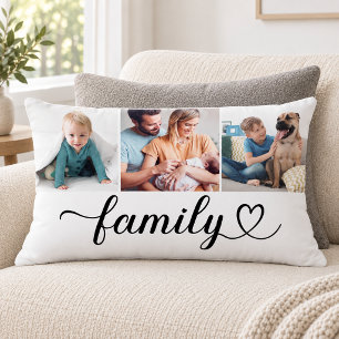 Familien-Herz-Schriftzug 3 Foto-Collage Lendenkissen