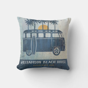 Familien-Sommer-Strandhaus Retro-Van Monogramm Kissen