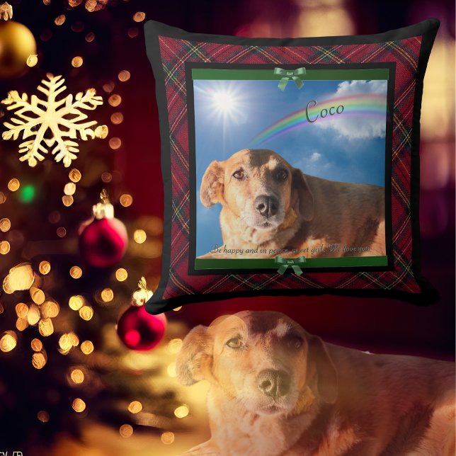 Familien-Tier-Foto Rote Schotten Kariert Regenboge Kissen ("Rainbow Bridge" beloved pet's name in the sky family Christmas throw pillow)