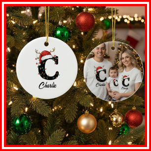 Familien-Weihnachts-Geweih-Santa-Hut FOTO Keramik Ornament
