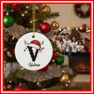 Familien-Weihnachts-Geweih-Santa-Hut FOTO Keramik Ornament