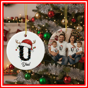 Familien-Weihnachts-Geweih-Santa-Hut FOTO Keramik Ornament