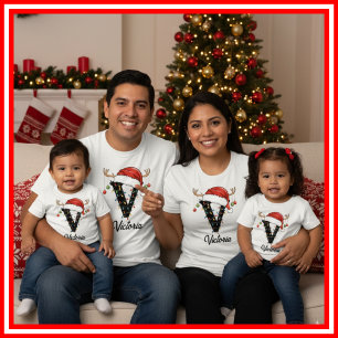 Familien-Weihnachts-Geweih-Santa-Hut mit Monogramm T-Shirt